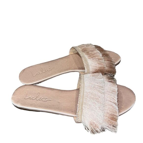Lulus Shoes - Maelie Light Nude Satin Fringe Slide Sandals size 8